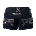 Leather buckle washed denim shorts for women