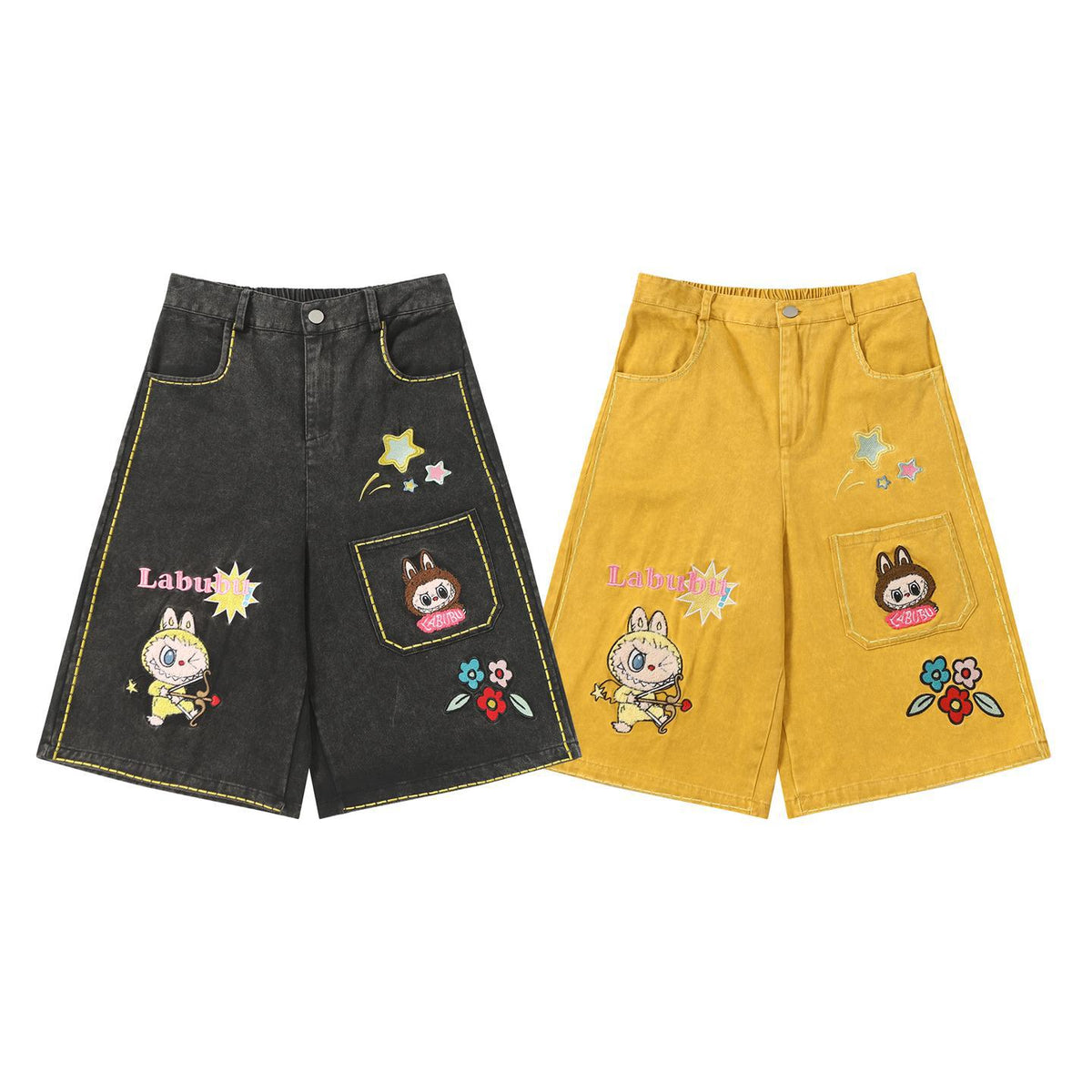 Cartoon embroidered denim shorts for men and women