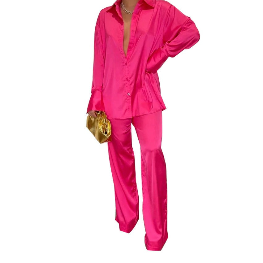 Elegant Satin Women's Matching Sets Casual Long Sleeve Shirt