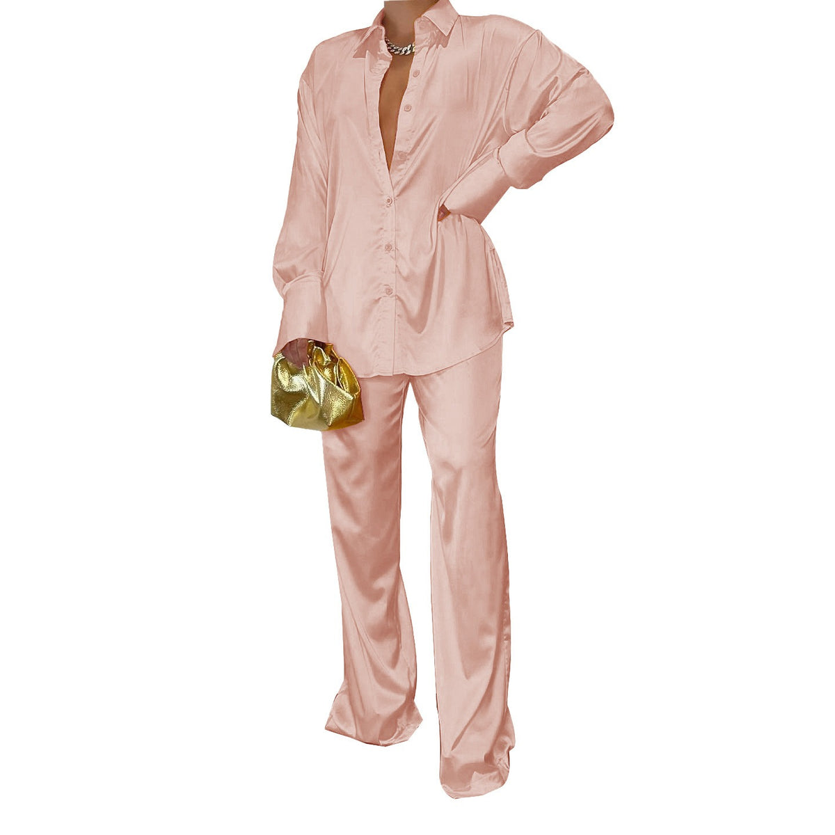Elegant Satin Women's Matching Sets Casual Long Sleeve Shirt