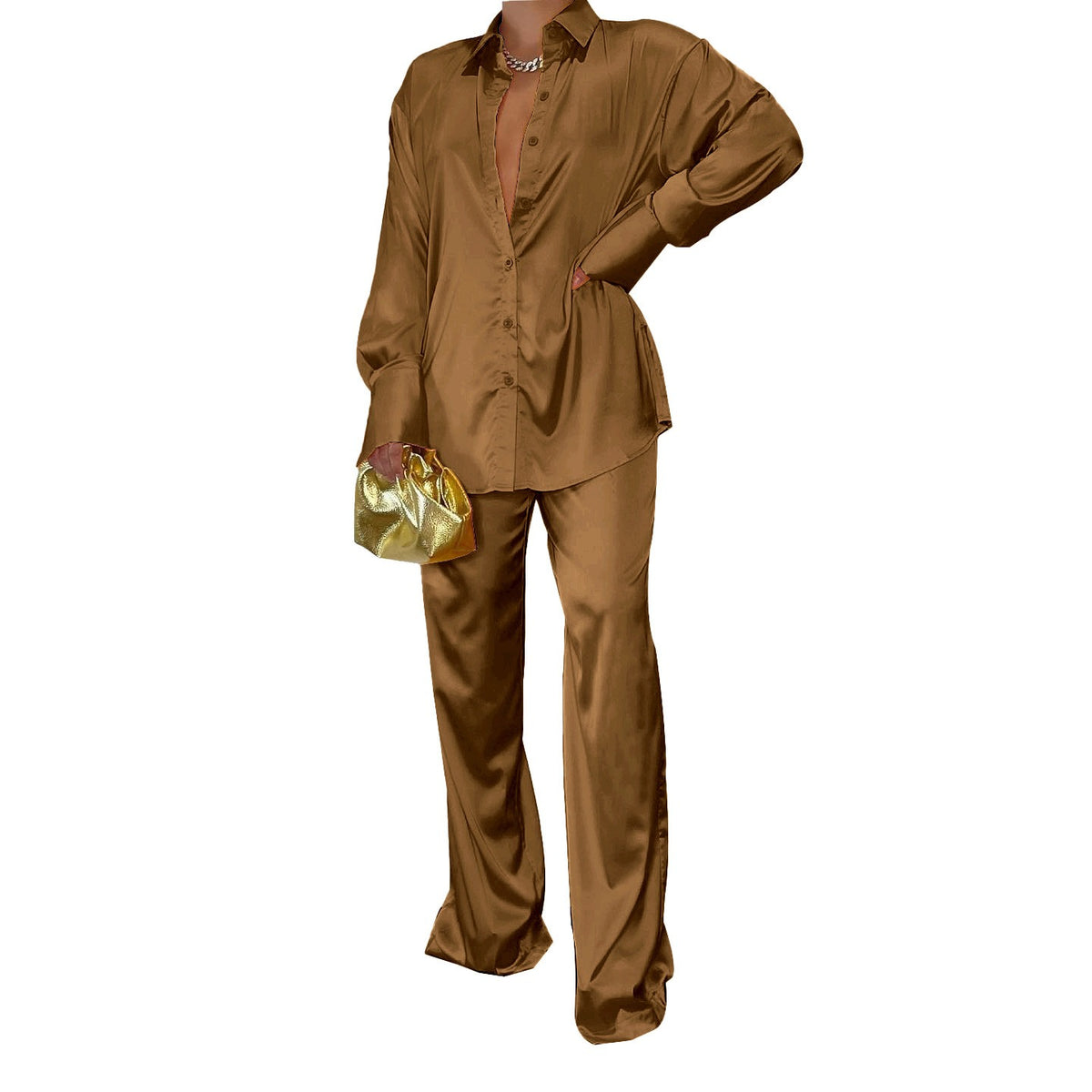 Elegant Satin Women's Matching Sets Casual Long Sleeve Shirt