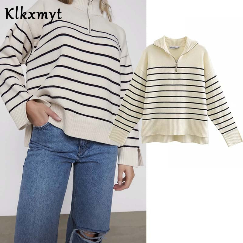 Klkxmyt Za Sweaters Women Fashion Stripe Loose Zipper Knitting Sweaters Vintage Long Sleeve Asymmetry Female Pullover Tops