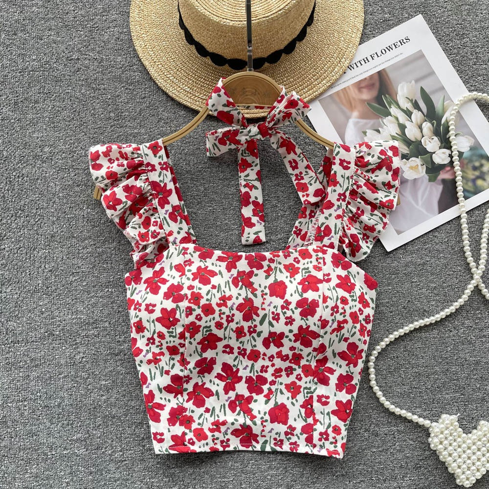 Summer Fresh Slim Fit Short Versatile Holiday Style Strap Top for Womens Unique Sexy Spicy Girls Small Shirt with Chest Pads