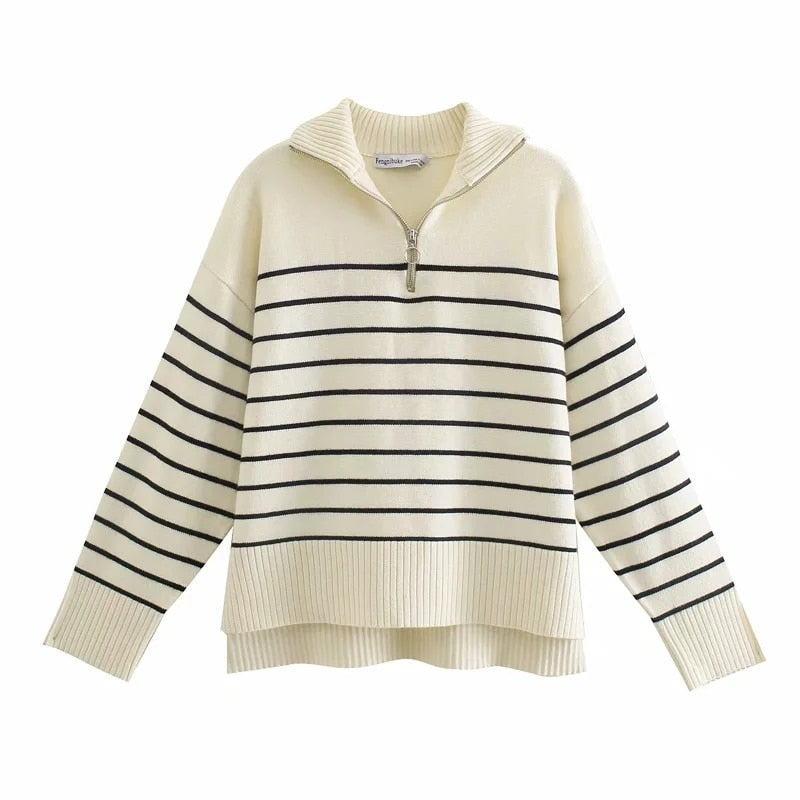 Klkxmyt Sweaters Women's Fashion Stripe Loose Zipper Knit Sweaters Vintage Long Sleeve Asymmetrical Female Pullover Tops
