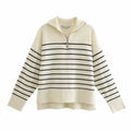 Klkxmyt Sweaters Women's Fashion Stripe Loose Zipper Knit Sweaters Vintage Long Sleeve Asymmetrical Female Pullover Tops
