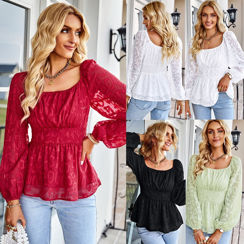 Women’s French Square-Neck Long-Sleeve Chiffon Slim-Fit Top