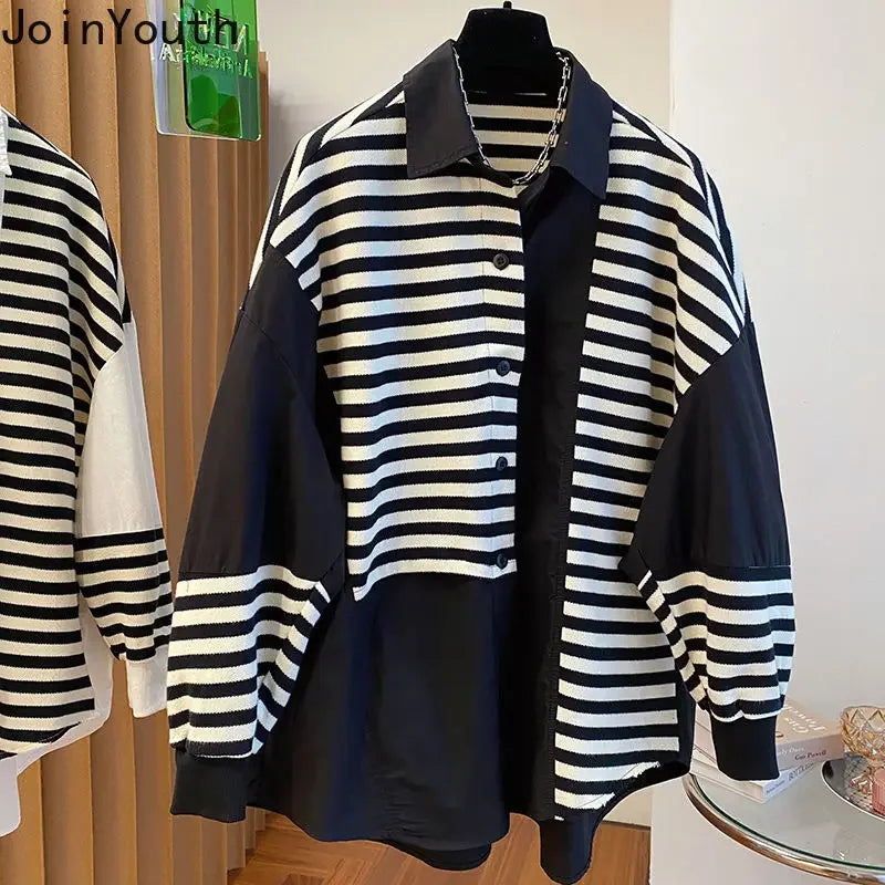 Women Clothing Patchwork Fake Two Sweatshirts Contrast Color Striped Casual Y2k Tops Fashion Korean Oversized Hoodies