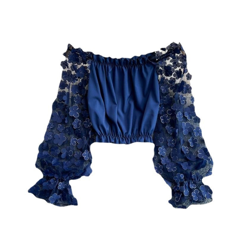 Off Shoulder Three Dimensional Flower Perspective Mesh Patchwork Chiffon Shirt for Womens Loose Waist Short Off Shoulder Top