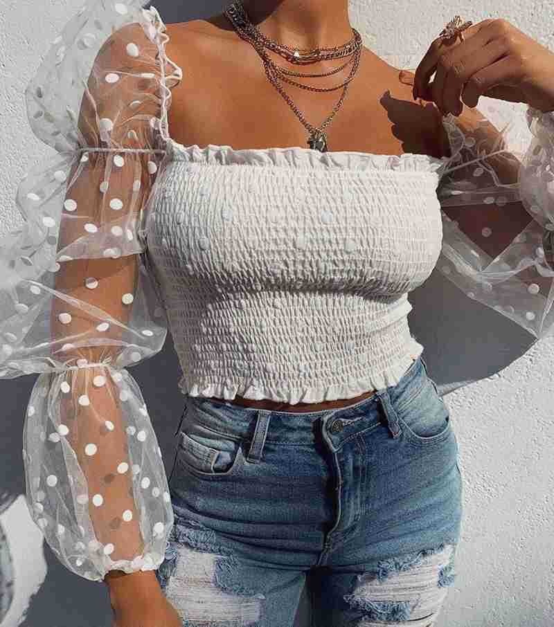 European and American Short Sexy Nightclub Wrap Chest Mesh Women's Temperament Top Polka Dot Square Neck Slim-Fitting T-Shirt