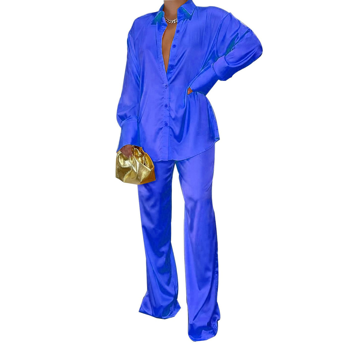 Elegant Satin Women's Matching Sets Casual Long Sleeve Shirt