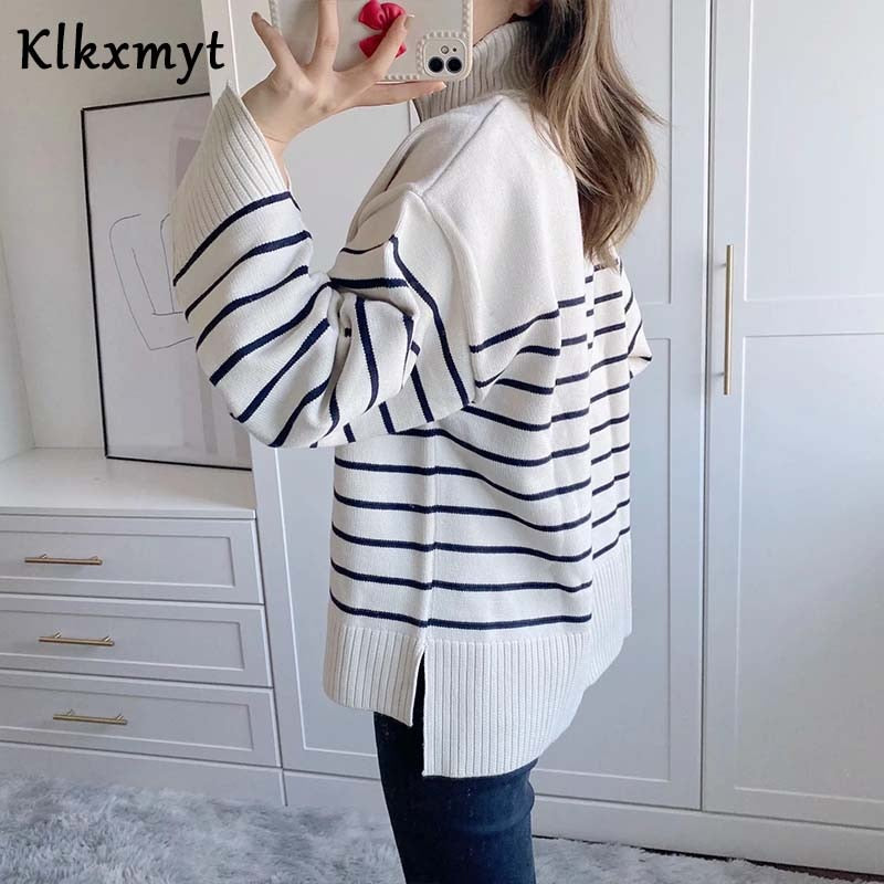 Klkxmyt Za Sweaters Women Fashion Stripe Loose Zipper Knitting Sweaters Vintage Long Sleeve Asymmetry Female Pullover Tops