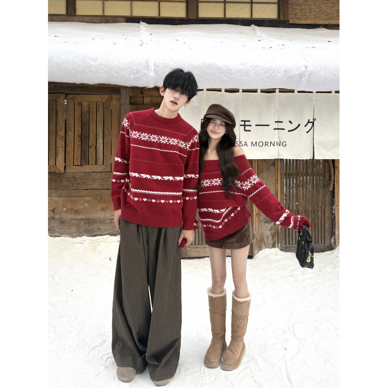 Couples' Autumn/Winter Red Thick Knitted Sweaters for Men and Women