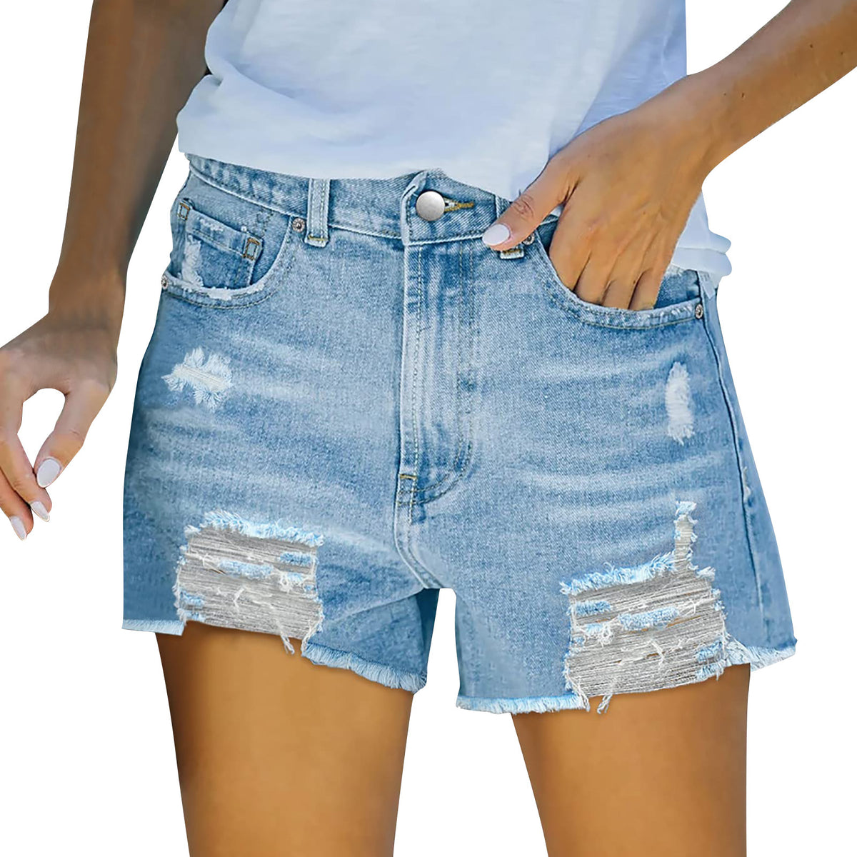 Perforated elastic slim fit denim shorts for women