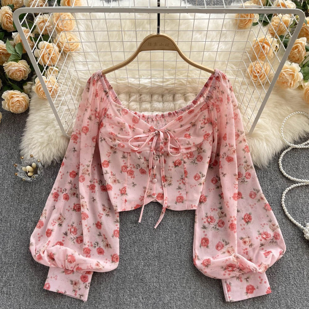 Women’s Vintage Floral Lace-Up Bow-Tie Crop Top with Puff Sleeves