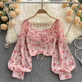Women’s Vintage Floral Lace-Up Bow-Tie Crop Top with Puff Sleeves