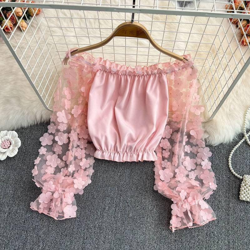 Off Shoulder Three Dimensional Flower Perspective Mesh Patchwork Chiffon Shirt for Womens Loose Waist Short Off Shoulder Top