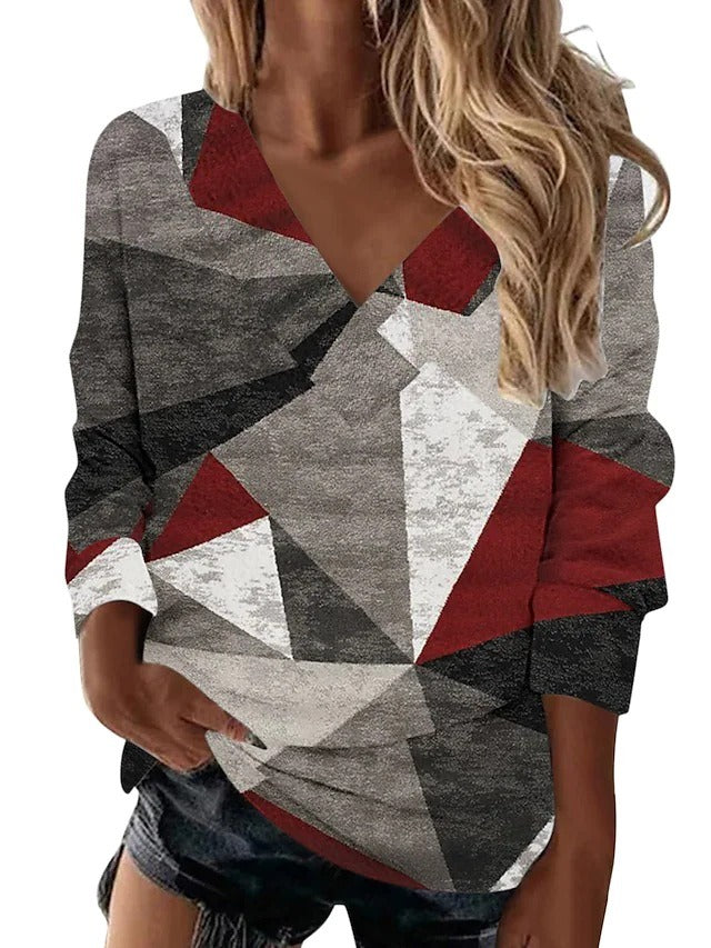 Women’s Retro Geometric Print V-Neck Long-Sleeve Loose Top