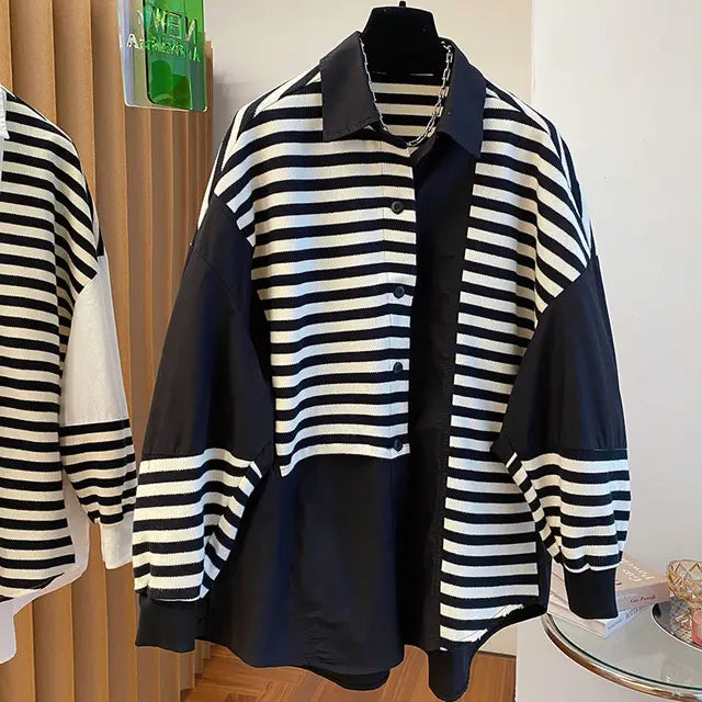 Women Clothing Patchwork Fake Two Sweatshirts Contrast Color Striped Casual Y2k Tops Fashion Korean Oversized Hoodies