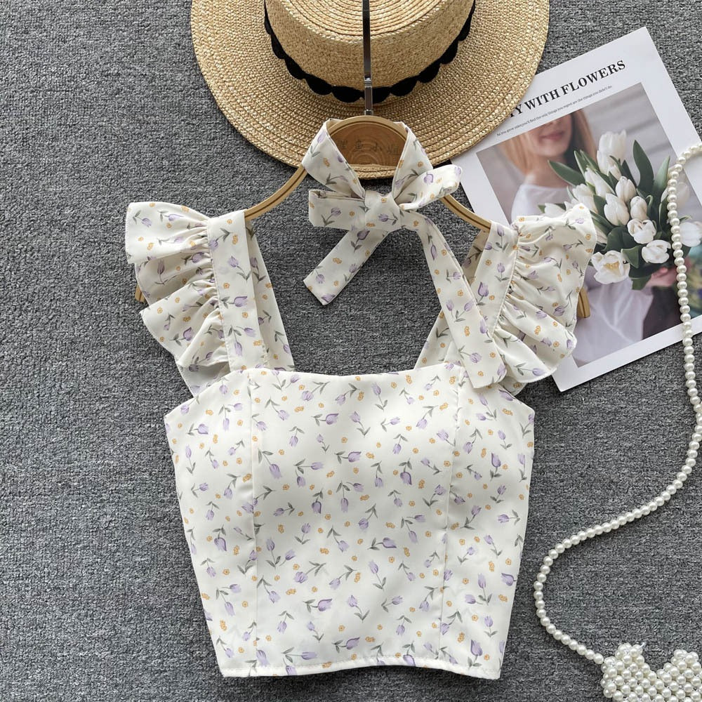 Summer Fresh Slim Fit Short Versatile Holiday Style Strap Top for Womens Unique Sexy Spicy Girls Small Shirt with Chest Pads