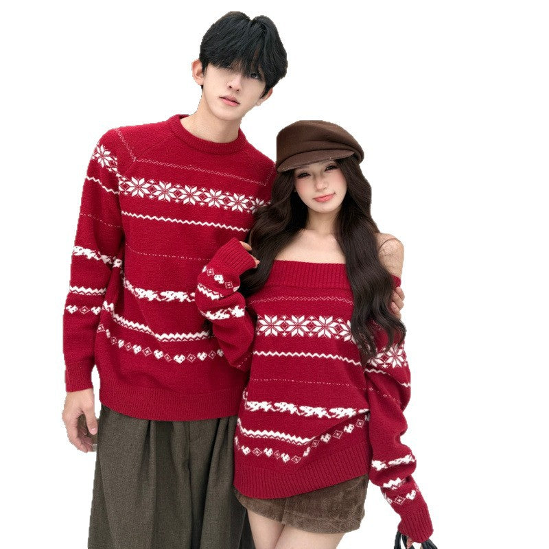 Couples' Autumn/Winter Red Thick Knitted Sweaters for Men and Women