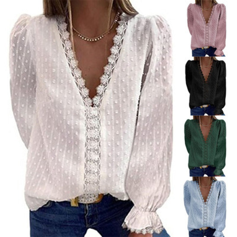 Women's European and American Solid Color V-Neck Lace Embroidery Long-Sleeved Chiffon Shirt, Solid Color Top for Women