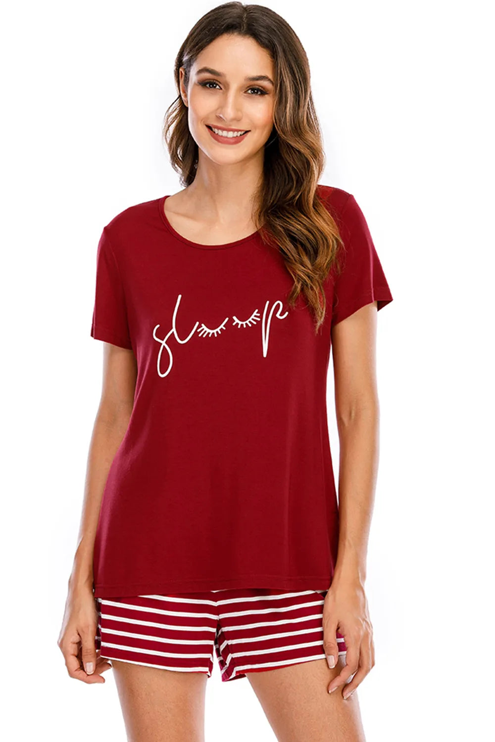 Ensemble de pyjama pour femme - Haut imprimé col rond et short rayé