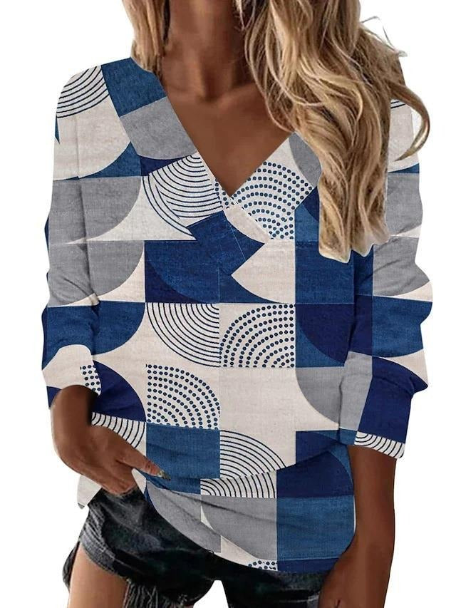 Women’s Retro Geometric Print V-Neck Long-Sleeve Loose Top