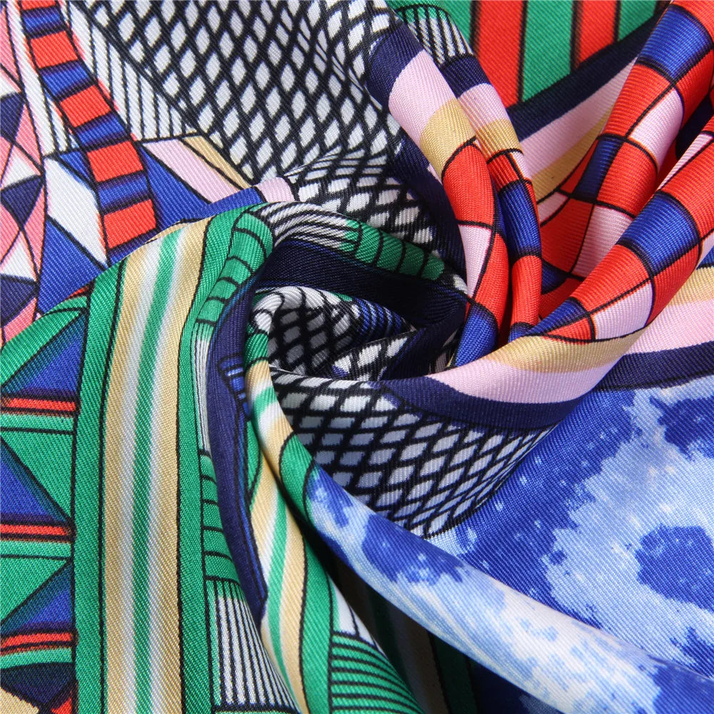 Saddle Print Twill Silk Scarf Women 90CM Square Scarves Wraps Shawl Handmade Curled Silk Head Scarf