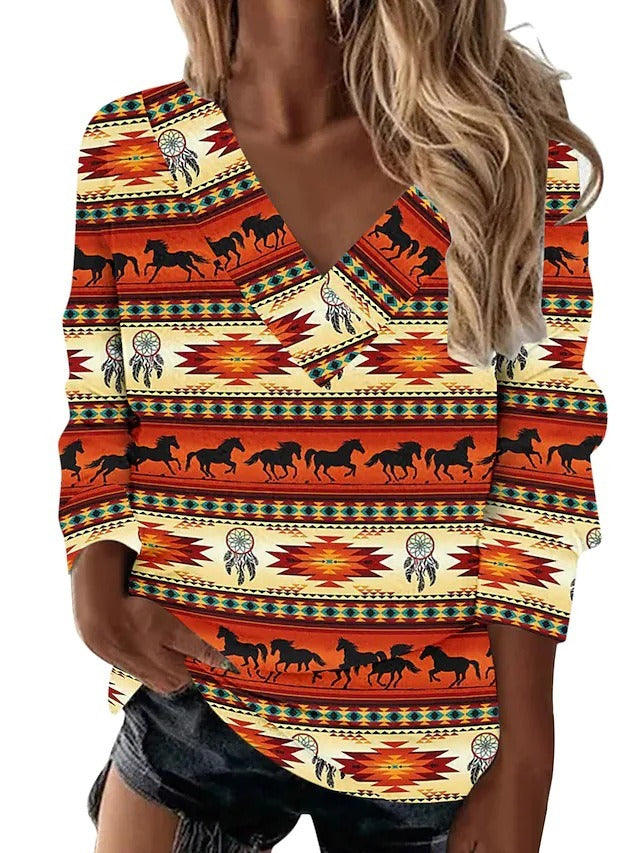 Women’s Retro Geometric Print V-Neck Long-Sleeve Loose Top