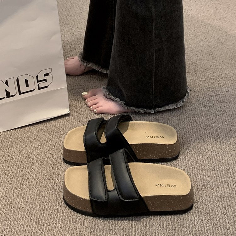 Thick Soled Retro One Line Slippers for Women's New Summer Outerwear Flat Bottomed Comfortable Slippers