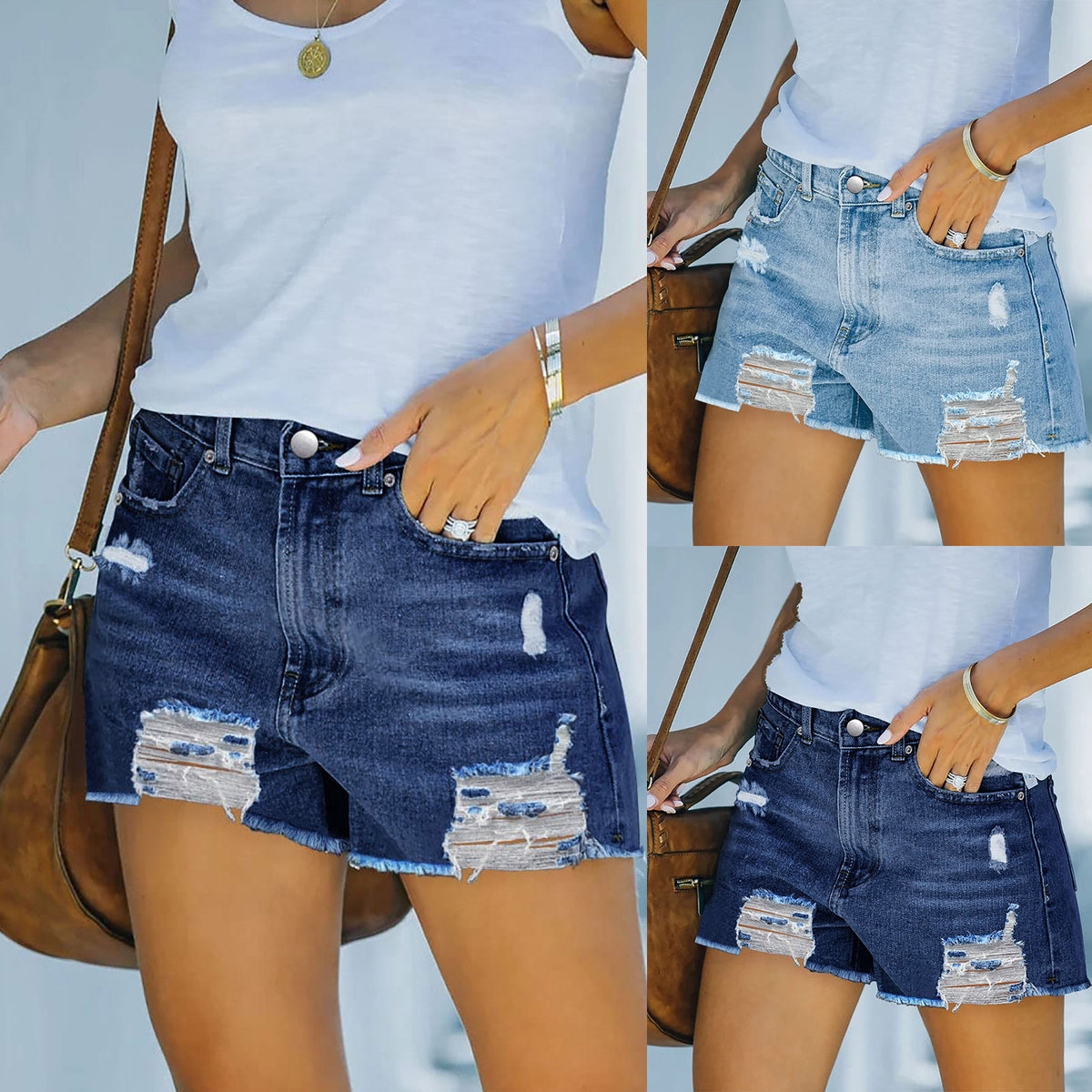 Perforated elastic slim fit denim shorts for women