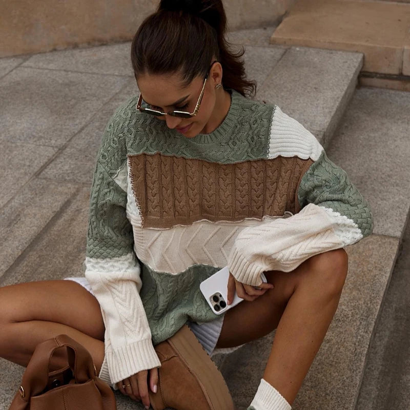 Color Patchwork Sweaters for Women Pullover Oversize Sweater Woman Long Sleeve Knitted Sweater Women Autumn Jerseys