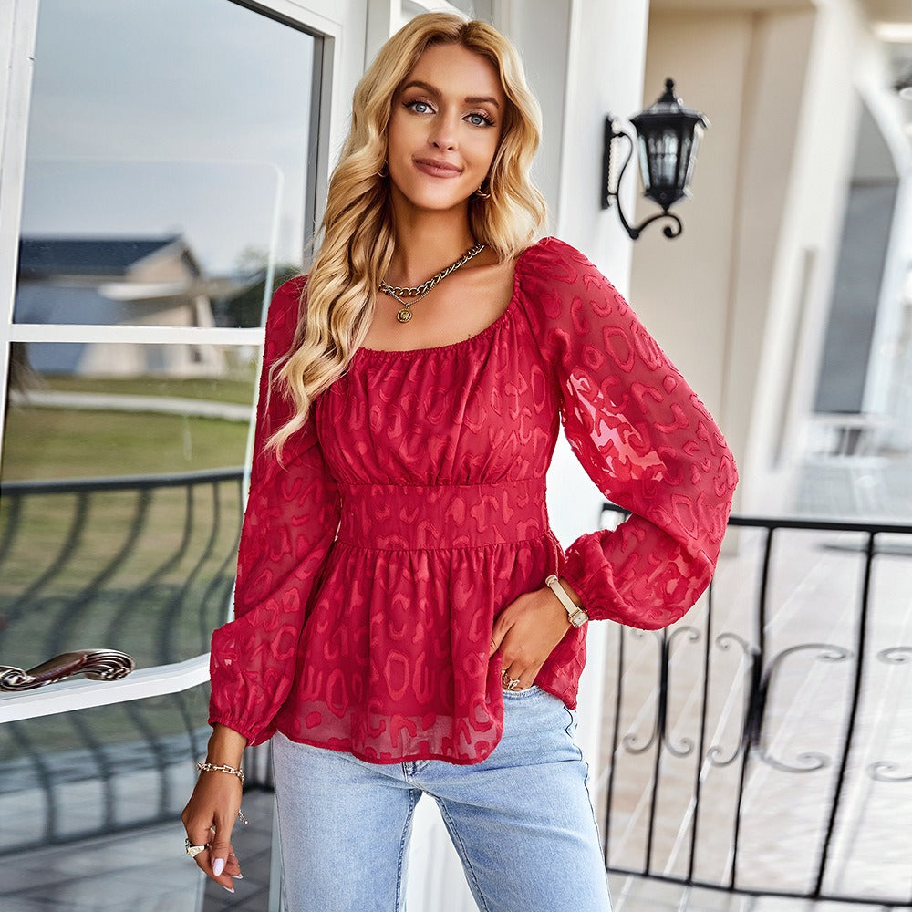 Women’s French Square-Neck Long-Sleeve Chiffon Slim-Fit Top