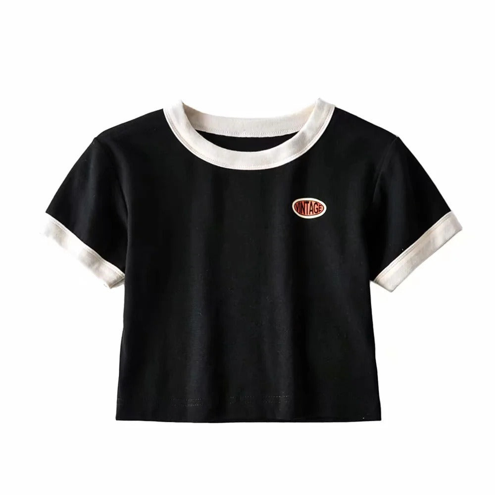 American Vintage Style Small Label Short Sleeve Womens Fashion New High Round Neck Leaky Umbilical T Shirt Spicy Girl Top