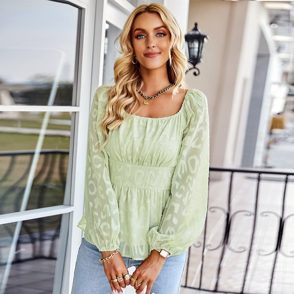 Women’s French Square-Neck Long-Sleeve Chiffon Slim-Fit Top