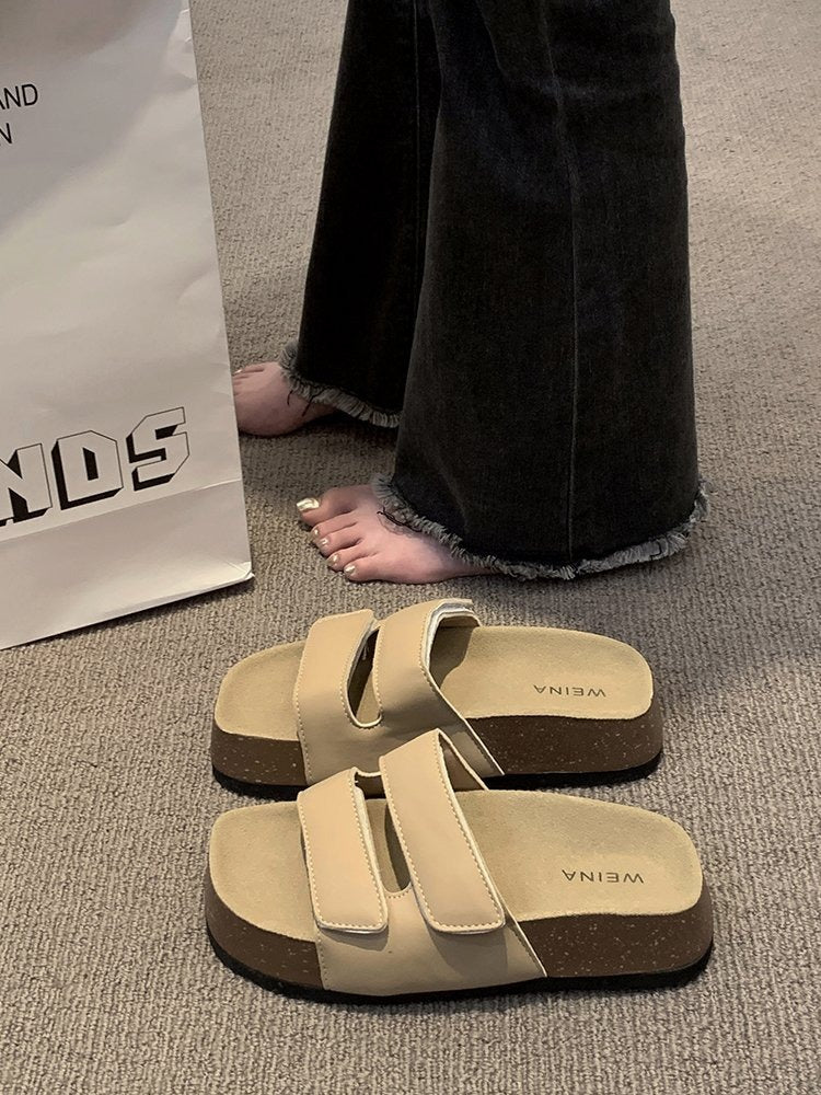 Thick Soled Retro One Line Slippers for Women's New Summer Outerwear Flat Bottomed Comfortable Slippers