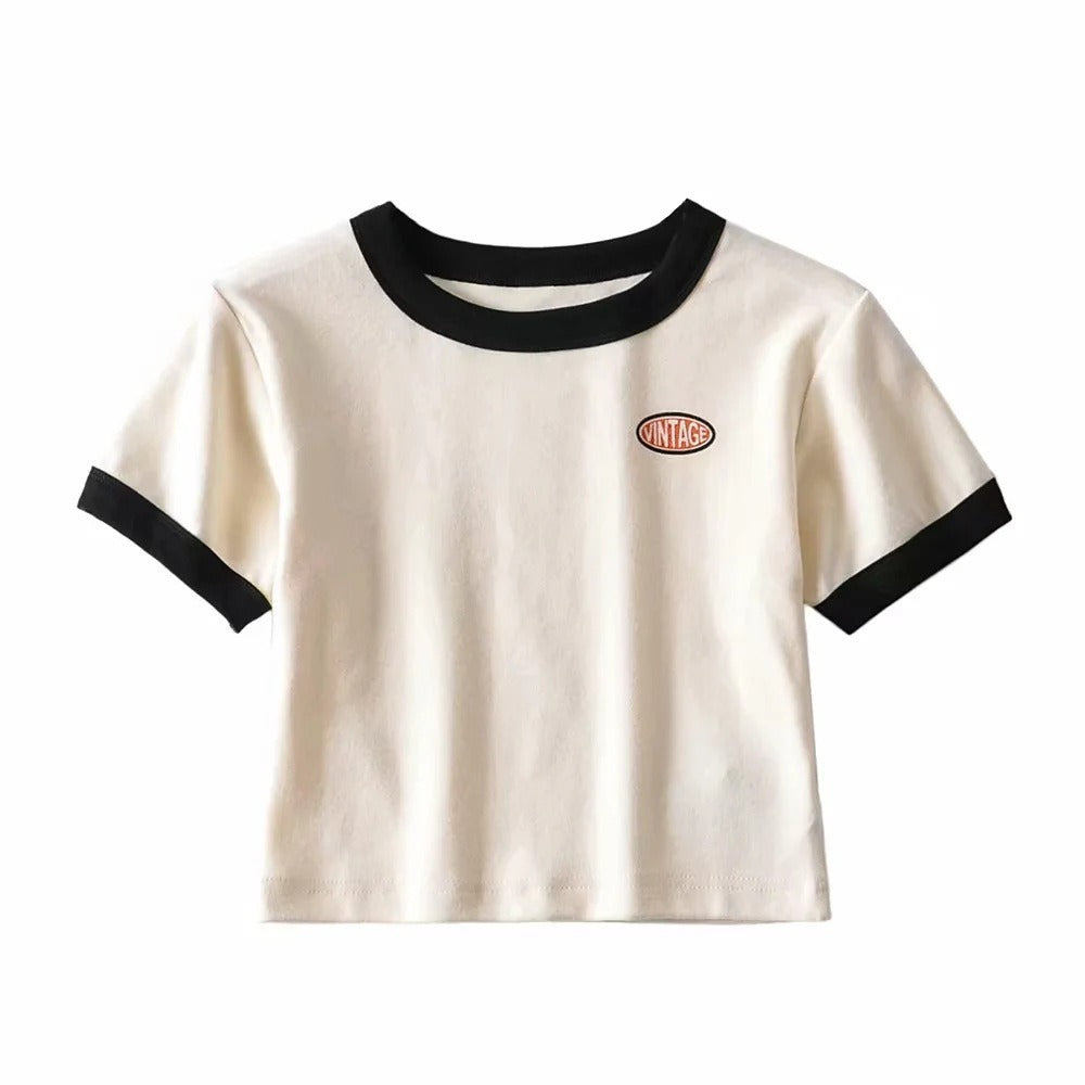 American Vintage Style Small Label Short Sleeve Womens Fashion New High Round Neck Leaky Umbilical T Shirt Spicy Girl Top