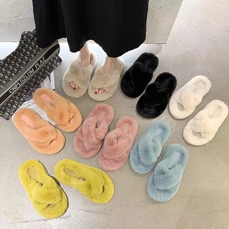 Autumn And Winter Internet Celebrity Slippers To Wear Warm Plus Size Cross Hair Slippers Women's Shoes