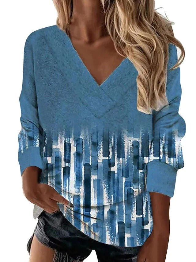 Women’s Retro Geometric Print V-Neck Long-Sleeve Loose Top