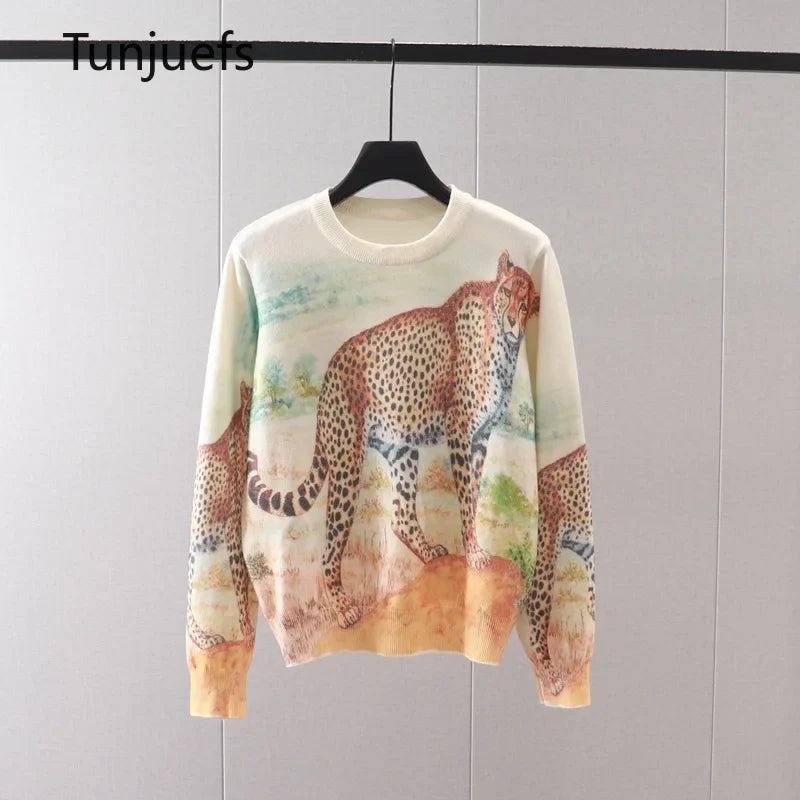 Sweaters Women Luxury Brand Jumper Knitted Sweaters Pullovers Long Sleeve Tops Animal Leopard Print Jersey Y2k Women Clothing