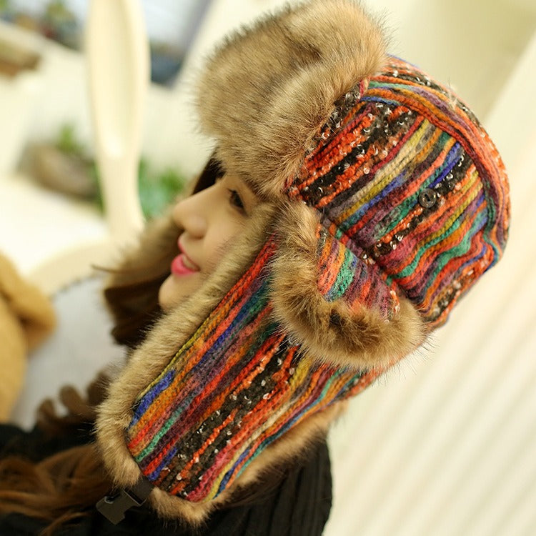 Russian Ushanka Hats With Earflap Women Colorful Bomber Hats Ladies Windproof Snow Thicker Warm Winter Fur Caps