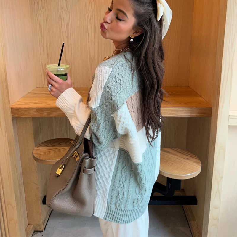 Color Patchwork Sweaters for Women Pullover Oversize Sweater Woman Long Sleeve Knitted Sweater Women Autumn Jerseys