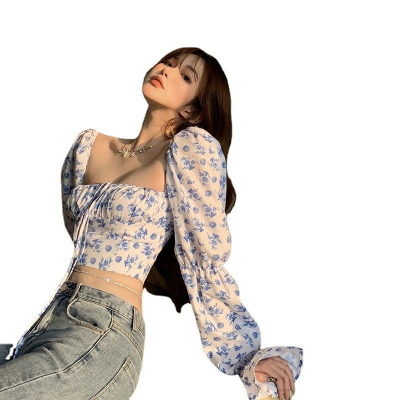 Fragmented Chiffon Shirt Womens New French V neck Bubble Sleeves Design Feeling Small, Short, Naked, Long Sleeve Top
