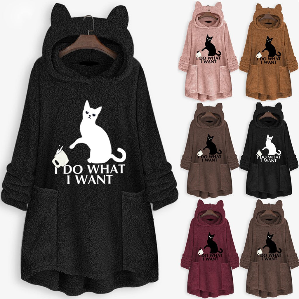 Womail Hoodie Sweatshirt Women's Winter Fleece Cat Ear Long Pocket Loose Casual Hooded Feminine Oversize Sweatshirt Plus Size