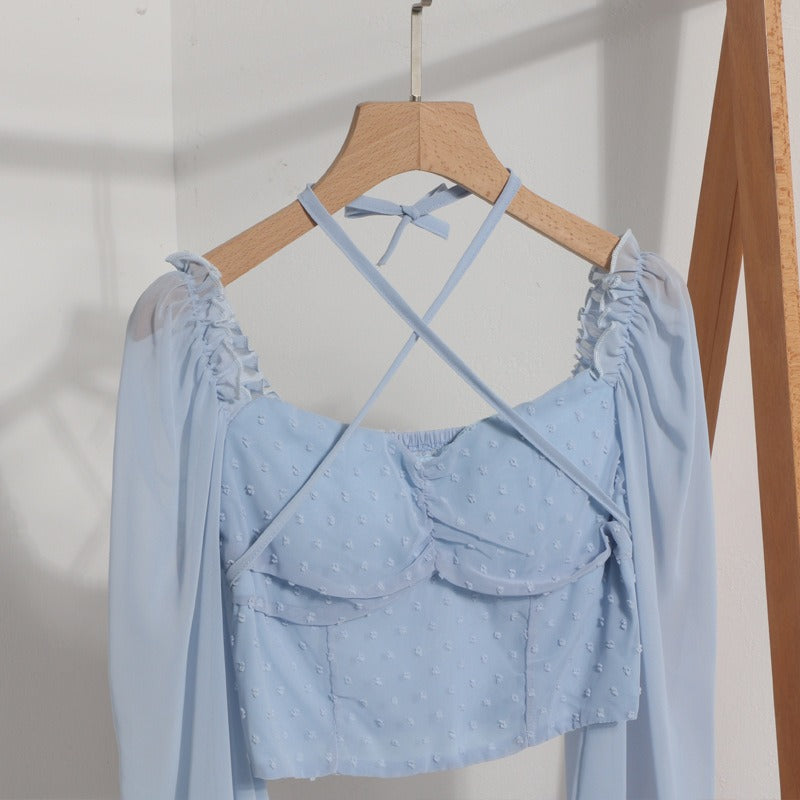 Square Neck Leaky Collar Short Shirt New Lantern Long Sleeve Lace Up Neck Shirt Womens Top