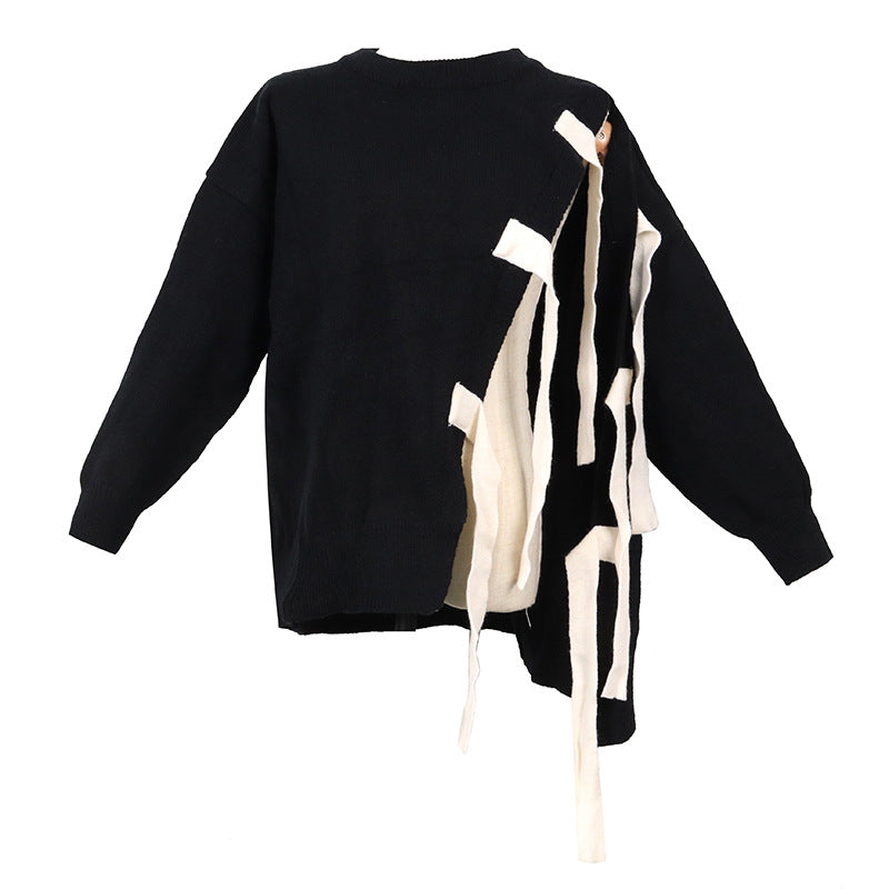 Women Sweater Bow Bandages Asymmetry Pullover Sweaters Irregular Hollow Out Black Knitting Tops Women