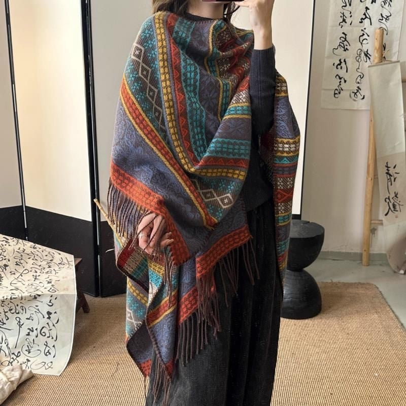Ethnic wind stripe contrast color tassel shawl woman winter scarves other scarves shawls summer scarf