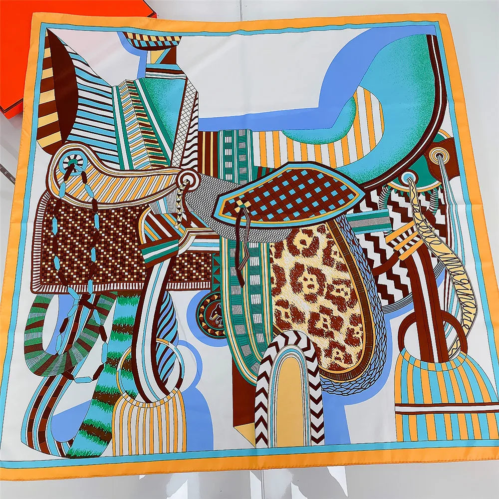 Saddle Print Twill Silk Scarf Women 90CM Square Scarves Wraps Shawl Handmade Curled Silk Head Scarf