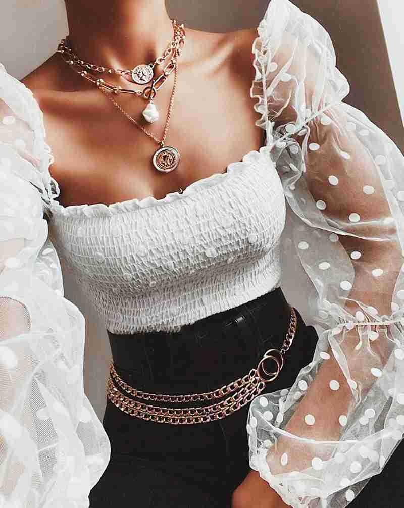 European and American Short Sexy Nightclub Wrap Chest Mesh Women's Temperament Top Polka Dot Square Neck Slim-Fitting T-Shirt