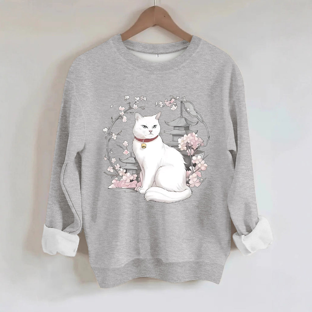 Sakura and Cat Printed Hoodie for Women